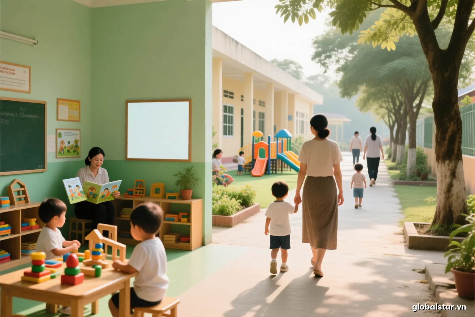 A mother and a small child seen from behind walking hand in hand along a quiet tree-lined lane toward a low cream-colored preschool building, soft morning light, wide shot